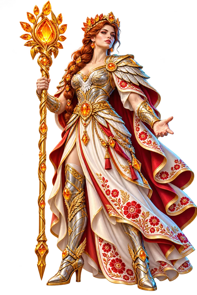 Polish-folklore-inspired guardian with amber crown and embroidered cape
