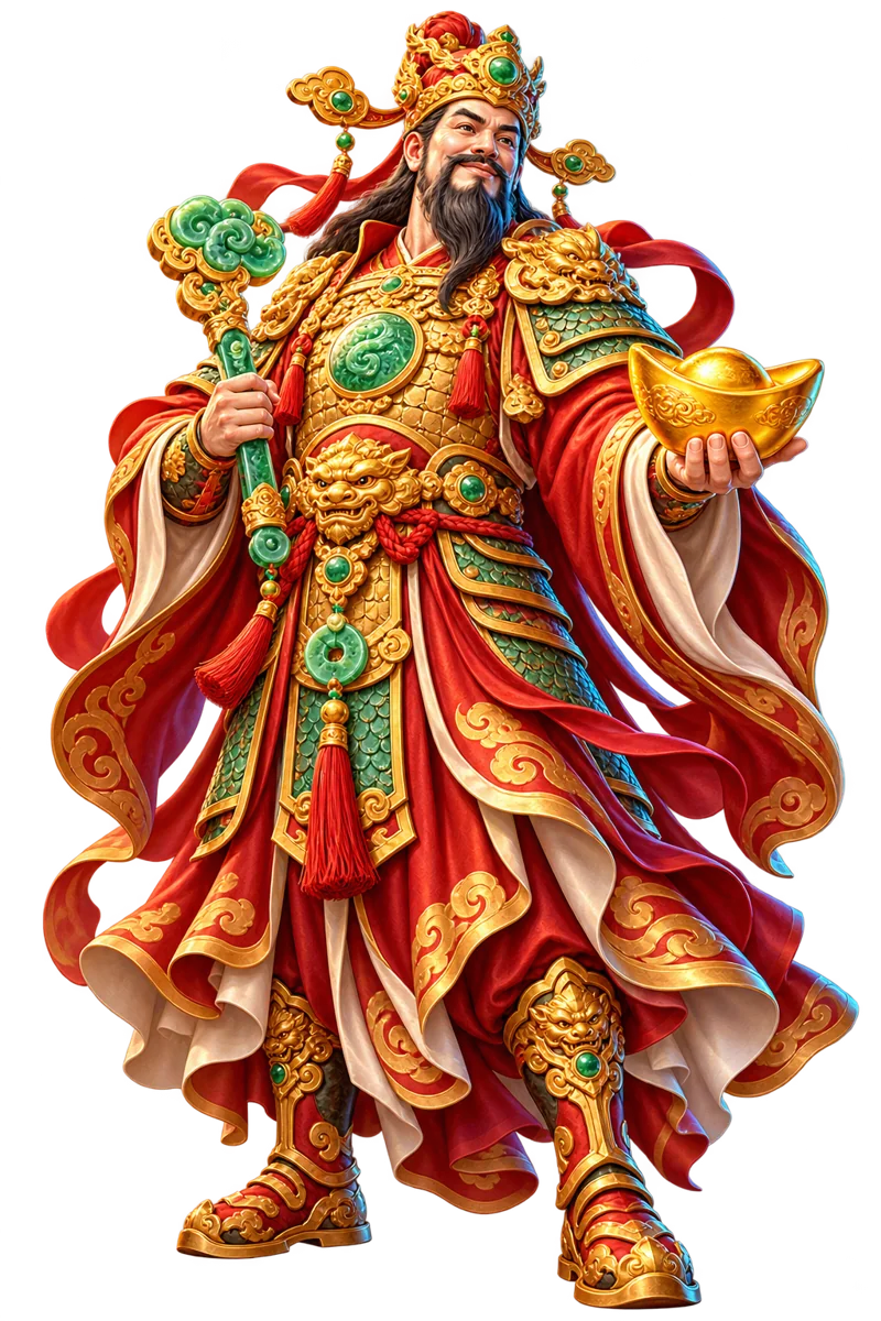Chinese-inspired guardian in crimson and jade with gold ingot