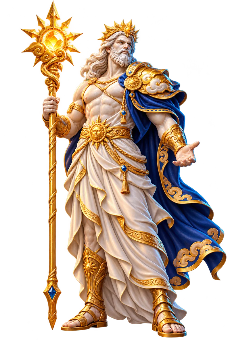 Ivory and gold sky guardian with royal-blue cloak